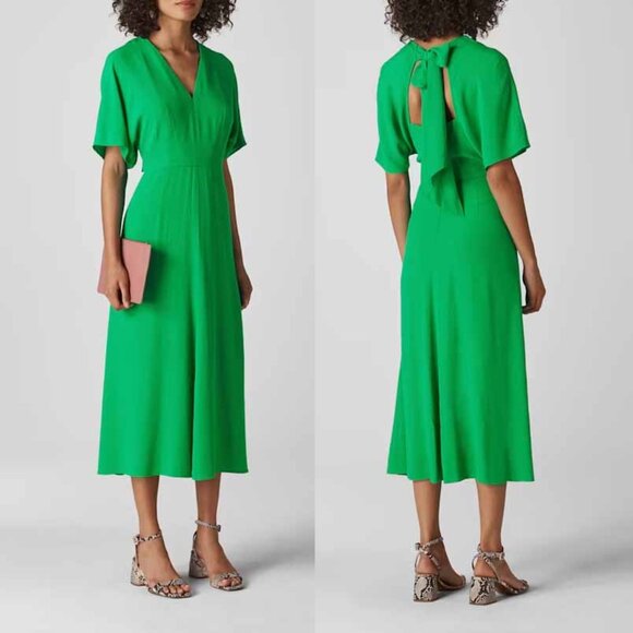 Whistles Kelly Green Zelena Midi Dress 10 Crepe Flutter Sleeves Bow Back $320 - Picture 2 of 14